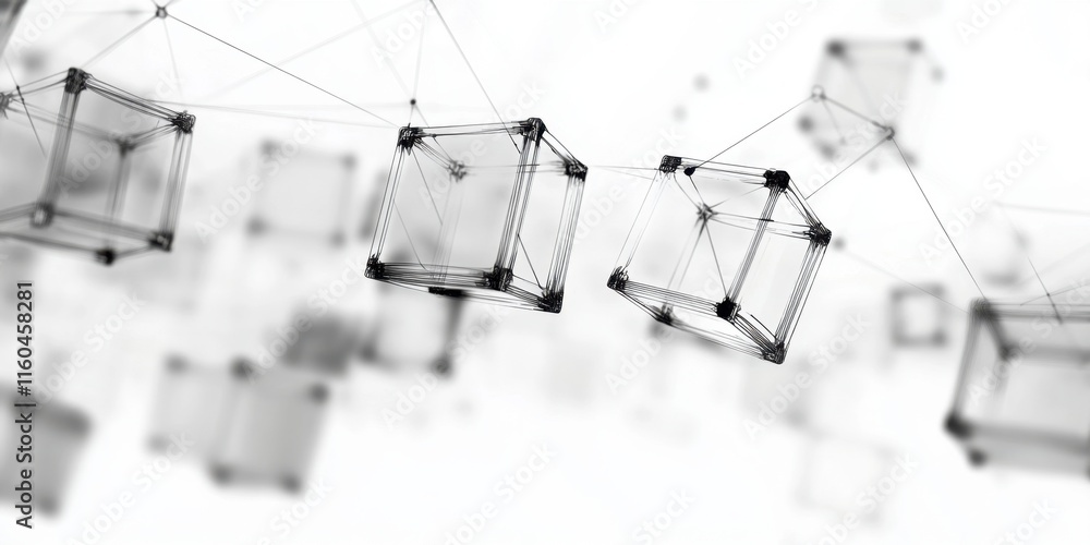 Poster abstract representation of interconnected cubes, illustrating concepts of technology, networks, or d
