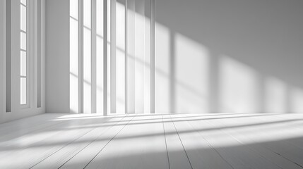 Fototapeta premium Super-detailed 3D rendering of an empty, bright minimalist room, featuring a clean white wall and light wooden floor. Window light casts intricate shadows, creating a calm interior scene.