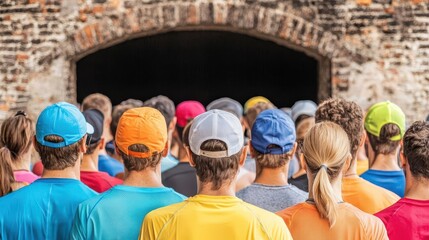 Crowd of runners gathering at the starting line of a marathon, radiating unity and determination, anticipation, hope, energy