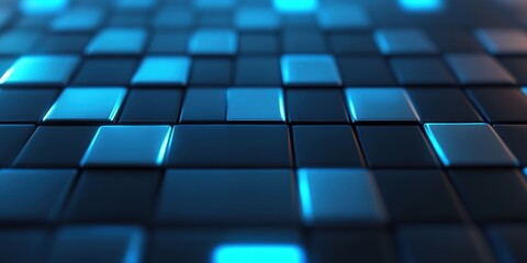 A vibrant, abstract grid of glowing blue and black tiles, creating a modern digital pattern with depth and texture.