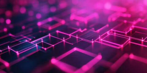 A vibrant, abstract digital landscape featuring glowing pink and blue geometric shapes, creating a futuristic and tech-inspired atmosphere.