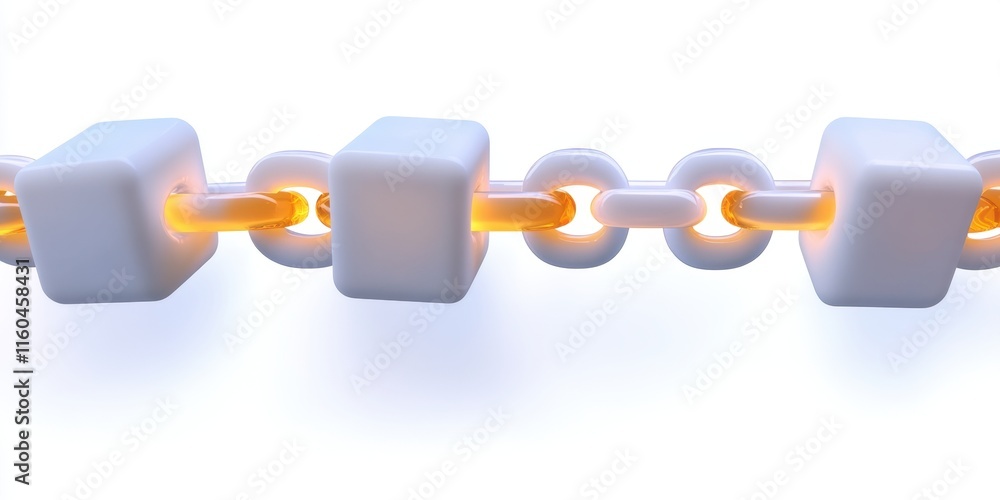 Poster a close-up view of a white chain with glowing links, featuring square and circular shapes, symbolizi