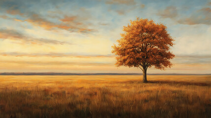 A solitary autumn tree standing in an empty meadow with warm earthy tones and a distant horizon under soft evening light 