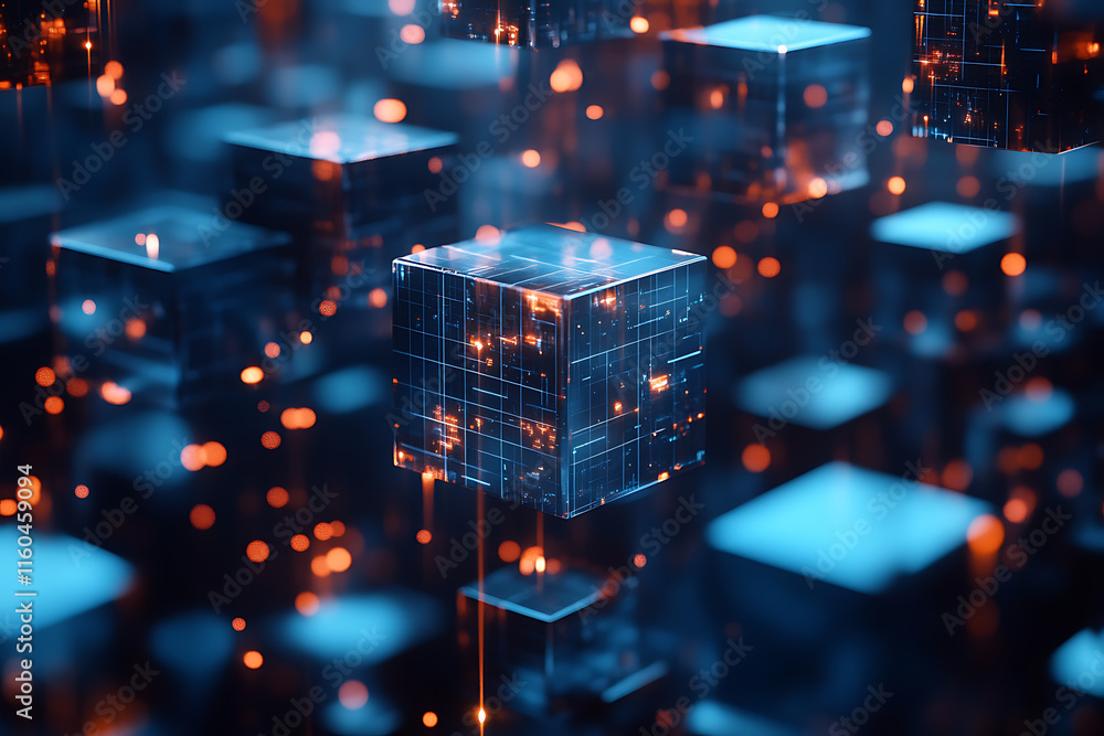 Wall mural floating data cubes: abstract network with glowing particles and blue tones