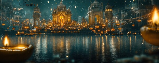 A serene riverside scene adorned with glowing lamps and ornate temples, celebrating a festival.