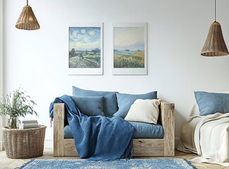 The living room is furnished with a blue armchair and a wooden sofa, with a blue blanket resting on the sofa. Posters on the white wall echo the styles of Van 