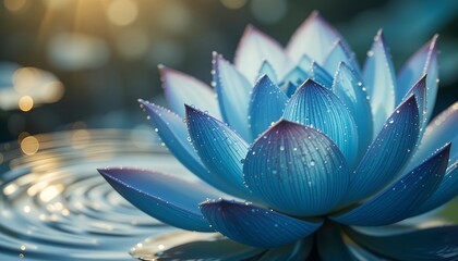 Close-up of a vibrant blue lotus flower with water droplets.