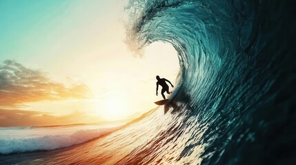 Surfer catching a perfect wave as the sun begins to rise, capturing the thrill and flow, anticipation, hope, energy