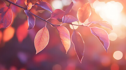 Closeup of vibrant autumn leaves with sunlight filtering through the branches, creating a soft bokeh effect in the background 