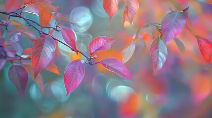 Closeup of vibrant autumn leaves with sunlight filtering through the branches, creating a soft bokeh effect in the background 