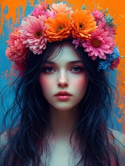 The image showcases a person adorned with a vibrant floral crown composed of pink, orange, and blue flowers. The background is a striking blend of blue and orange hues