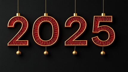Elegant 2025 hanging festive numbers black backdrop.
