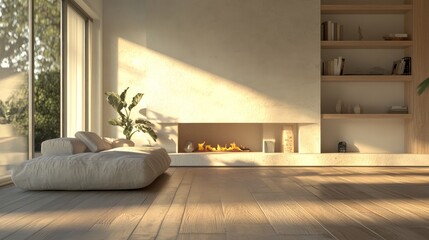 The living room features a cozy sofa and a modern, minimalist design. Large terrazzo slabs that blend in with the oak floor completely cover the fireplace in the wall. 3D illustration