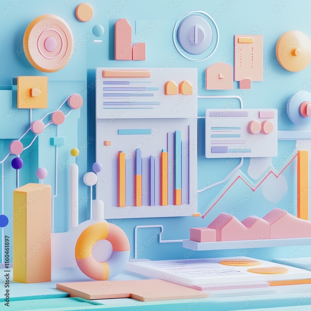 Poster pastel 3d data visualization charts & graphs.