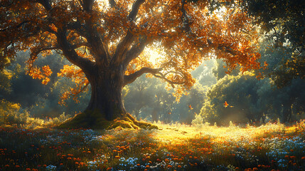 Majestic Tree in Sunlit Forest Clearing