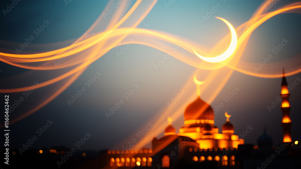 Poster flowing lines of soft golden light creating crescent and mosque shapes on a gradient ramadan night s