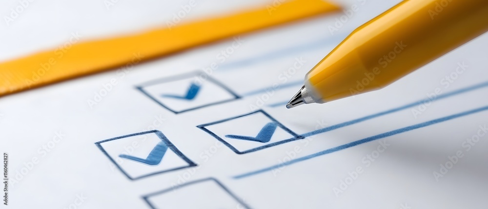 Poster a close-up of a checklist being marked with a yellow pen, symbolizing task completion and organizati