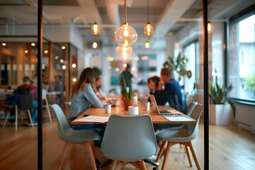 View Through the Glass Modern Office Space with People Working Collaboratively on Projects