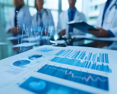 A close-up view of statistical graphs and medical reports on a conference table, showcasing data analysis in a healthcare environment. Professionals discuss crucial metrics.
