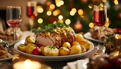 Crispy roast potatoes, christmas dinner, festive decorations, holiday feast, homemade meal, new year celebration, heartwarming dish