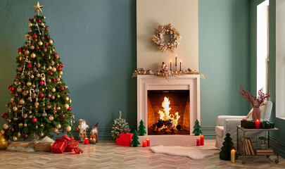 Christmas tree and fireplace with new year concept, parquet, furniture in the green wall background.