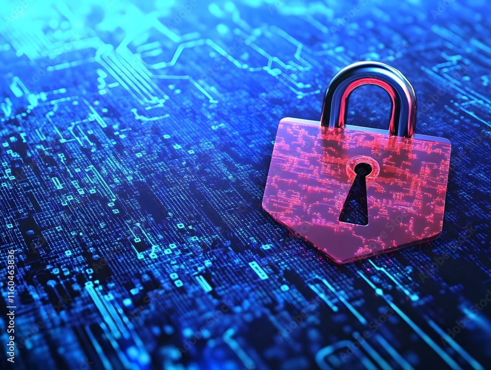 Poster a digital image featuring a glowing red padlock on a futuristic background. this visual symbolizes c