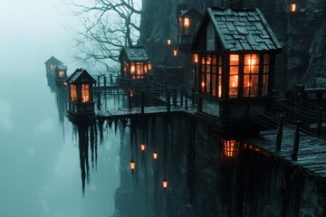 Enchanting Cliffside Village Misty Mountain Homes Illuminated Cottages