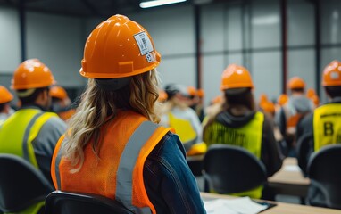 A group of construction workers in a training session, wearing safety helmets and vests. This image showcases the importance of workplace safety and professional development.