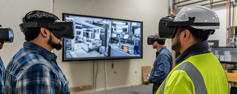 Poster a group of professionals using virtual reality headsets in a modern workspace, exploring advanced te