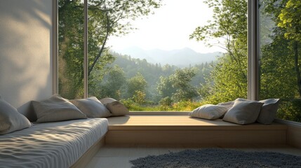 3D render of a side window seat.There are wood seats, a white room, and numerous pillows for decoration.Large windows provide a glimpse of the surrounding landscape.