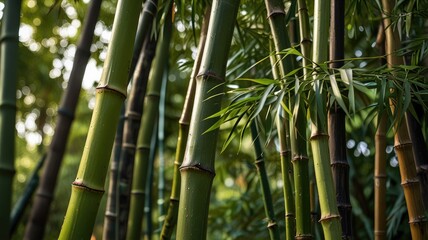 Fototapeta premium green wallpaper, Close-up of fresh bamboo stalks against vibrant greenery
