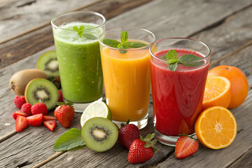 Fototapeta premium A selection of juices including kiwi, kiwi, and orange juice