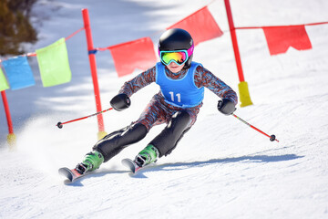 Young caucasian male ski racer speeding downhill in winter competition
