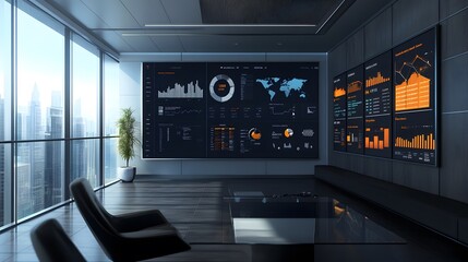 Obraz premium A modern conference room featuring a large screen displaying data analytics, surrounded by sleek furniture and a panoramic city view, ideal for professional meetings.