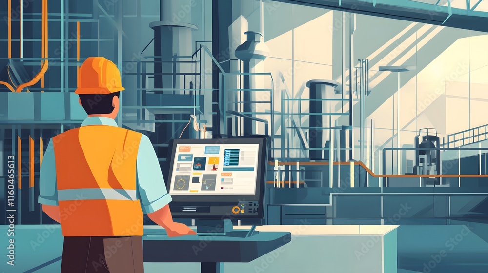 Aufkleber a modern industrial worker monitors operations in a factory setting. bright colors and advanced tech