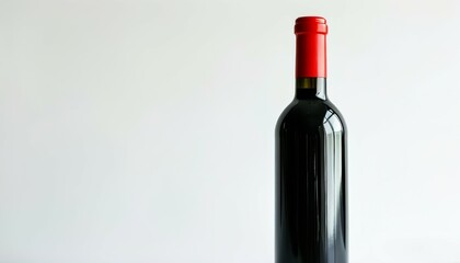 a black wine bottle with a red neck on the edge of a white background