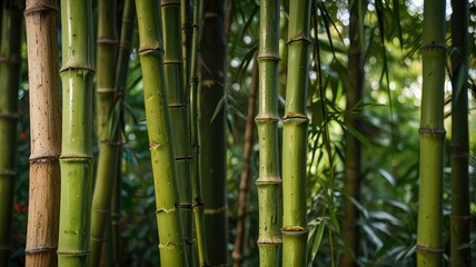 Obraz premium green wallpaper, Close-up of fresh bamboo stalks against vibrant greenery