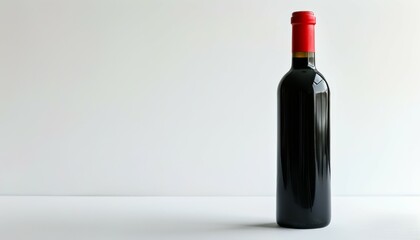 a black wine bottle with a red neck on the edge of a white background