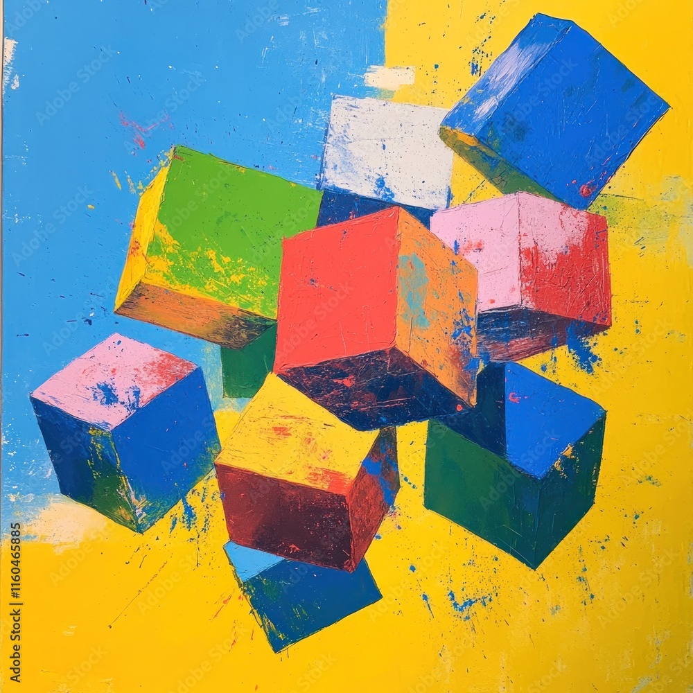 Poster abstract colorful cubes in dynamic composition.