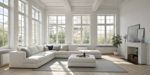 Fototapeta premium Minimalist, scandinavian home interior design of modern living room with oversized white sectional sofa in spacious room with large windows.