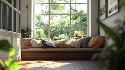 3D render of a side window seat.There are wood seats, a white room, and numerous pillows for decoration.Large windows provide a glimpse of the surrounding landscape.