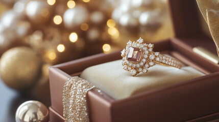 A close-up of an open gift box revealing a sparkling piece of jewelry inside, with a delighted recipient in the background. The scene is elegant, with luxurious details and rich tones creating a sophi