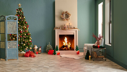 Christmas tree and fireplace with new year concept, parquet, furniture in the green wall background.