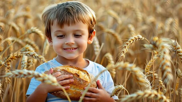 the boy is holding bread on the background of the wheat field. Selective focus