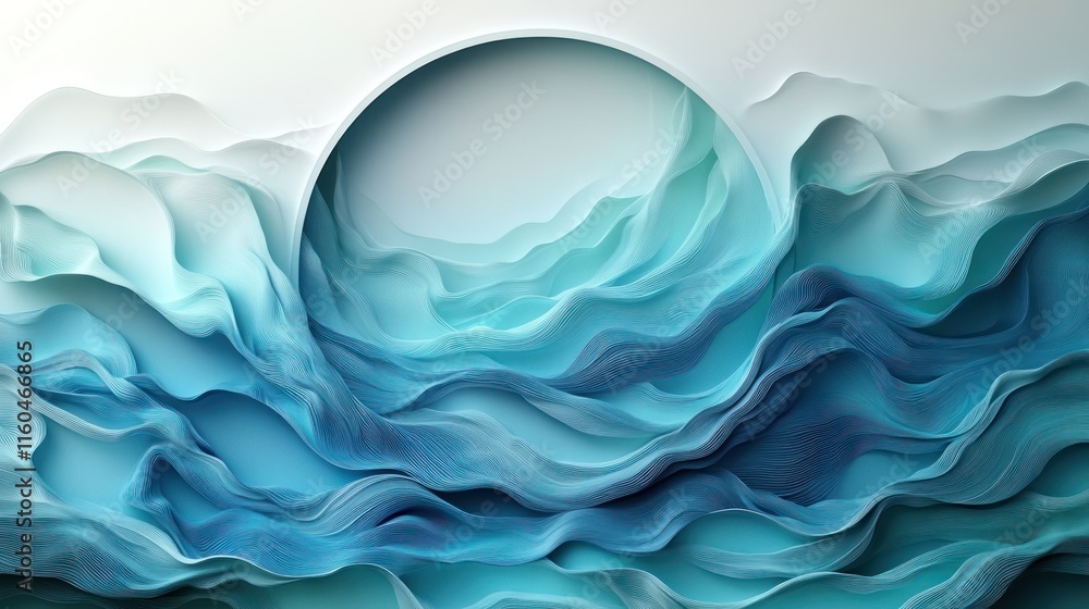 Poster a circular frame featuring flowing wave patterns in a gradient of blue and green tones