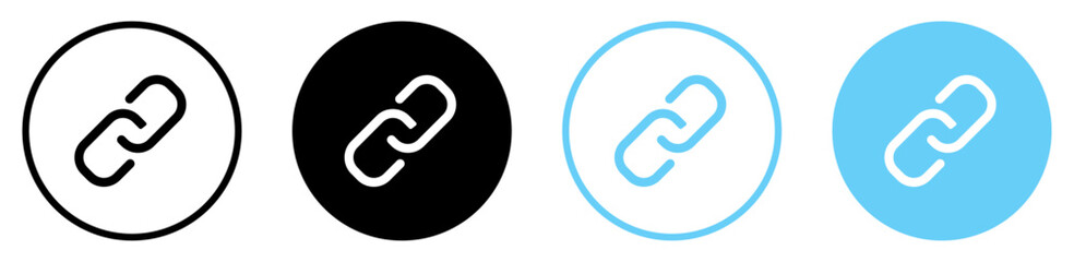 Chain link vector icon set in black and blue color isolated. Link share button sign symbol. Link chain icons set. Connection sign symbol, internet sharing. Flat style. Vector illustration.