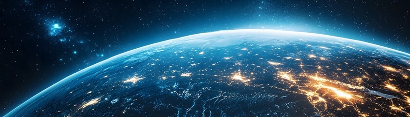 Fototapeta premium A stunning view of Earth from space illuminated by city lights at night. The curvature of the planet and the surrounding stars create a breathtaking cosmic scene.