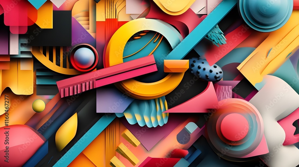 Poster a vibrant abstract composition featuring bold shapes and a dynamic color palette