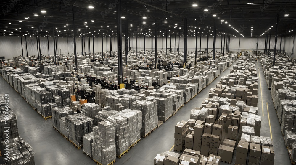 Poster a vast warehouse filled with neatly stacked boxes and organized inventory, showcasing the efficiency