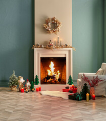 Christmas tree and fireplace with new year concept, parquet, furniture in the green wall background.